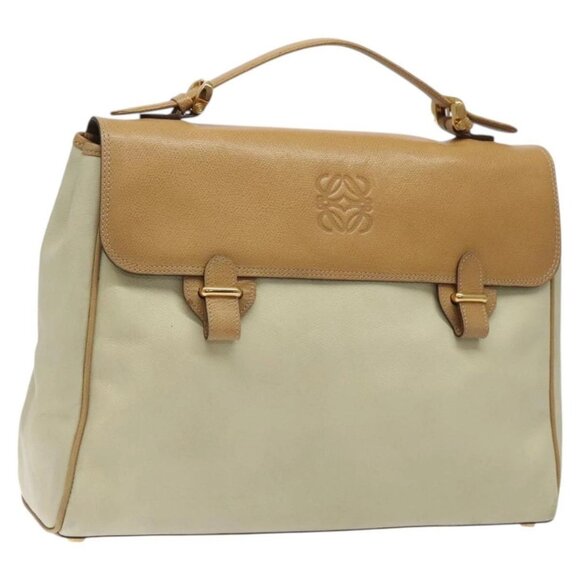 LOEWE Anagram Business Bag Leather 2way Beige Gold Auth 121886 - Picture 1 of 16